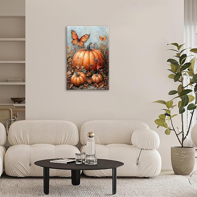 Fall Pumpkin Pictures Wall Art, Rustic Thanksgiving Bathroom Wall Decor, Farmhouse Autumn Butterfly Framed Painting Canvas Artwork for Harvest Gift Bedroom Living Room Decorations 24"L x 16"W