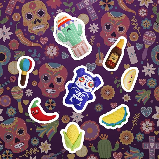 Nocciola Mexican Style Squeaky Dog Toys, Cute Soft Plush Stuffed Crinkle Chew Puppy Toys for Small Medium Breed, 8 Packs