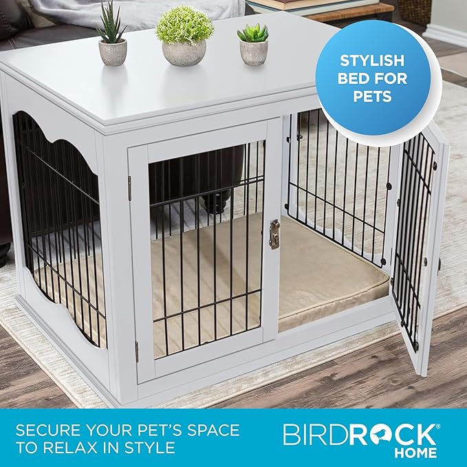 INTERNET'S BEST Decorative Dog Kennel with Pet Bed, Small Pet House, Double Door Indoor Crate, Engineered Wood & Wire Furniture, Side Table & Nightstand, Fits Small Dogs - White
