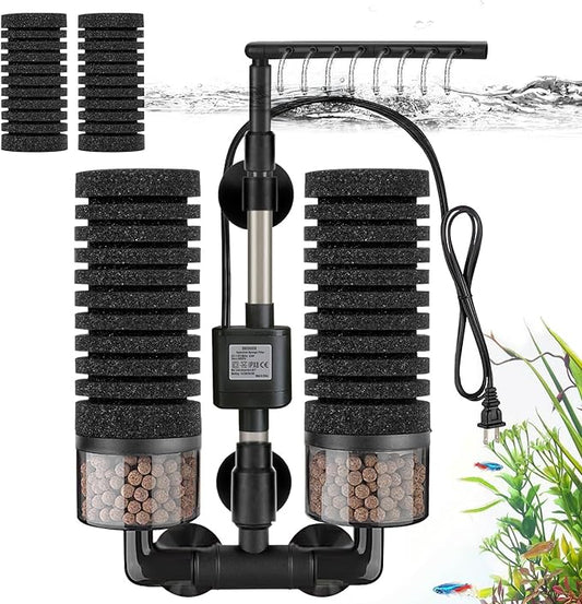 Upgrade Aquarium Electric Power Sponge Filter with Submersible Pump ，Ultra-Quiet Motor with Bio Ceramic Media Balls and 2 Spare Sponge (L for 20-55 Gal)