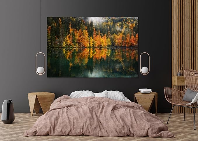 Nature Wall Art Prints - Ocean Forest Mountain Lake Canvas Landscapes - Small to Extra Large Living Room Bedroom Kitchen Bathroom Décor (Autumn by the Lake, 16L" x 24W")