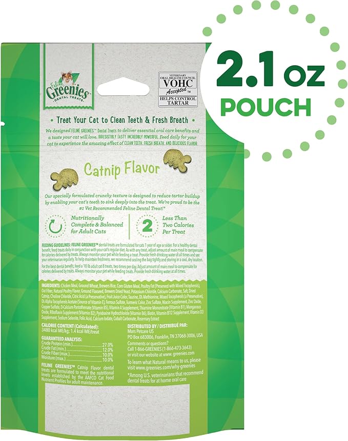 Greenies Feline Adult Dental Cat Treats, Catnip Flavor, 2.1 oz. Pack