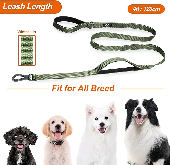 TwoEar 4FT 1IN Strong Green Dog Leash with 2 Padded Handles, Traffic Handle Extra Control, Comfortable Soft Dual Handle, Auto Lock Hook, Reflective Walking Lead for Small Medium and Large Dogs
