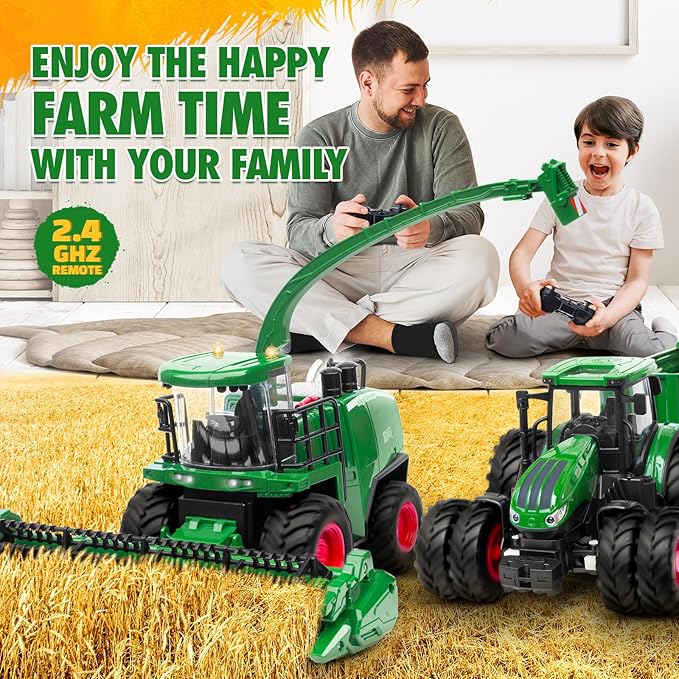Remote Control Combine Harvester Tractor Toy, 1/24 Scale RC Harvester Toys for Kids with 2 Grian Heads/2 Rechargeable Batteries/Light, Farm Toys for 4 5 6 7 8 9 Year Old Boys Birthday Gift