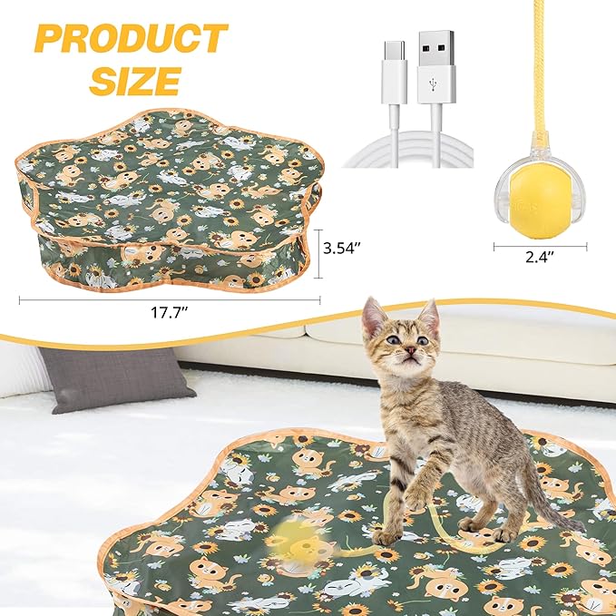 Interactive Cat Toys, Indoor Hide and Seek Toys, Fast Rolling Ball in Play Mat, Interactive Cat Toys for Indoor Cats, Rechargeable Cat Ball Toys