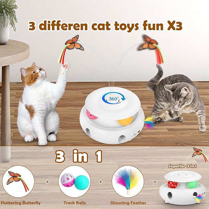 Cat Toys,3-in-1 Interactive Cat Toys for Indoor Cats,Rechargeable Automatic Interactive Cat Toy with Fluttering Butterfly,Smart Sensor 6 Holes Mice Whack-A-Mole and Track Balls, White