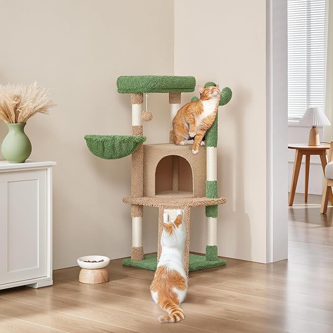 Yaheetech Cactus Cat Tree, 42in Cat Tower for Indoor Cats, Multi Level Kitten Condo Scratching Post, Pet Activity Center Furniture w/Ball, Plush Perch, Platform, Basket, Brown/Green