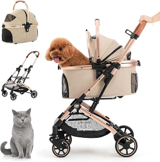 Kenyone 3-in-1 Pet Stroller for Small Medium Dogs Puppy Cat Stroller with Detachable Carrier & Pad Lightweight Foldable Aluminum Alloy Frame Dual No-Zip Entry(Khaki)