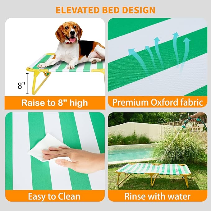 Dog Elevated Bed Foldable Portable Raised Bed Camping cot Outdoor Summer Dog Bed (Medium, GreenStripes-Oxford Fabric)