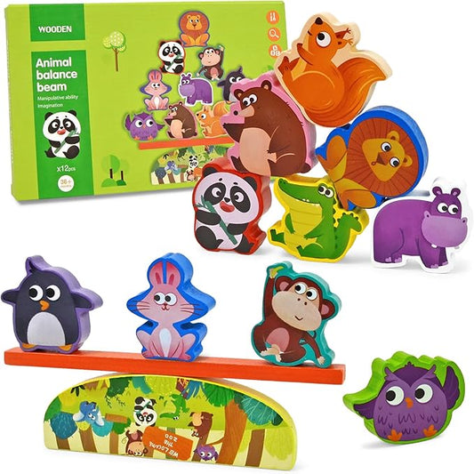 Vileafy Montessori Wooden Animal Toys for 3 4 5 Year Old Boys and Girls, 10 Pack Balance Blocks with Beam & Base, Toddler Stacking Toys Games, Educational Preschool Toys for Birthday Gifts