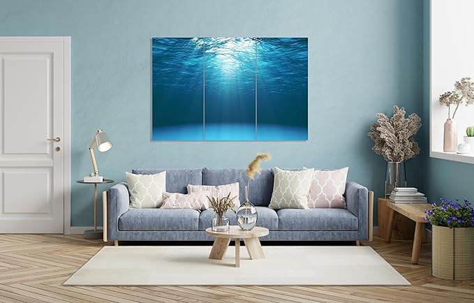 Nature Wall Art Prints - Ocean Forest Mountain Lake Canvas Landscapes - Small to Extra Large Living Room Bedroom Kitchen Bathroom Décor (Sun Rays Under Water, 39L" x 59W" - 3 Panels)