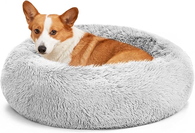 Love's cabin Calming Dog & Cat Bed, Cat Bed for Indoor Cats,Anti-Anxiety Donut Round Dog Bed,Fluffy Faux Fur Washable Bed for Small Medium Pet,Grey,30"