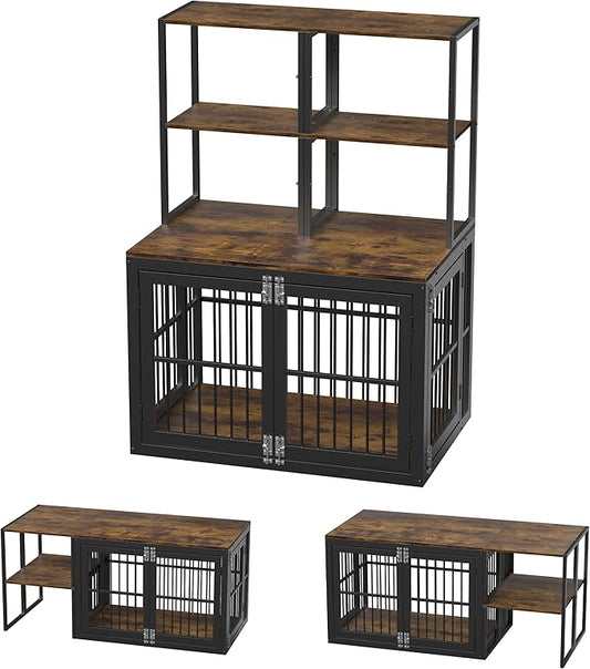 Dociote Heavy Duty Dog Crate Furniture with Storage Shelves，Large Dog Kennel Indoor End Table 39 Inch,Brown