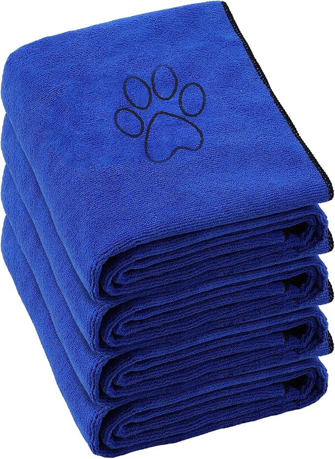 Chumia 4 Pack Dog Towels for Drying Large Microfiber Grooming Tools Absorbent Soft Bath Supplies with Embroidered Paw for Small Medium Pet Products(30 x 50 Inch,Blue)