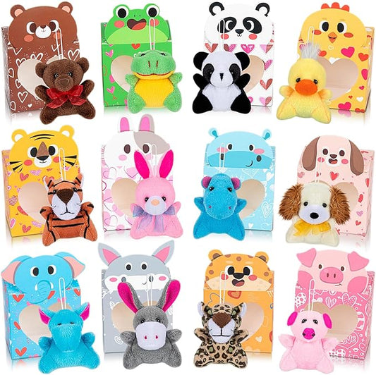 Sofier Valentines Day Gifts for Kids Classroom 24 Pack Valentines Card Boxes with Heart Window Mini Animal Toys Keychains Bulk for Boys Girls Classroom Exchange Party Favor School Teacher Student