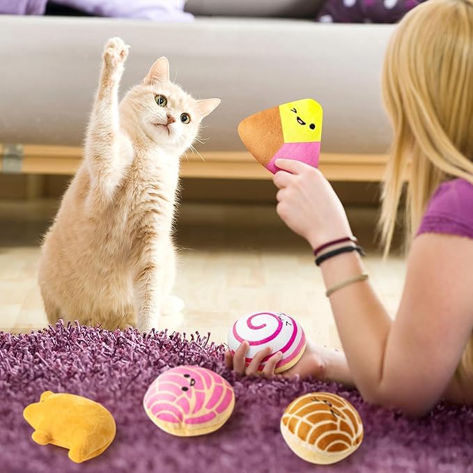 L1rabe Mexican Catnip Stuffed Toys - Hispanic Heritage Month 5Pcs Concha Cafecito Pan Dulce Funny Cat Toys for Cat Lovers Indoor Kitten Chew Bite Kick Non-Toxic Pet Supplies Kitten Birthday Presents