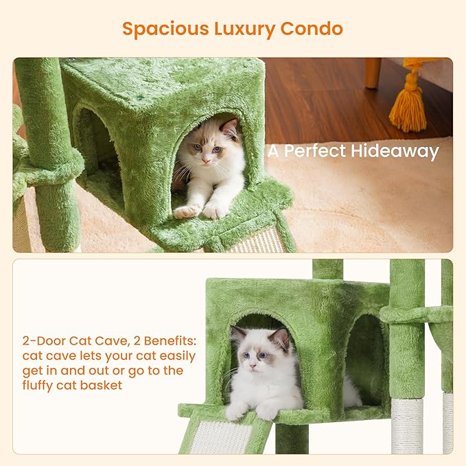 Heybly Cat Tree with Cat Self Groomer Brush, Cat Tower Condo for Indoor Cats with Padded Plush Perch, Cat House with Basket Scratching Board Post, Green HCT005SGR