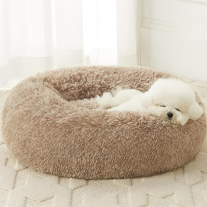 WNPETHOME Calming Dog Bed & Cat Bed,Small Dog Bed Donut Design Faux Fur Anti-Anxiety Dogs Beds,Fluffy Pet Cushion Pet Beds for Small Dogs and Cats (20 x 20 Inch, Brown)