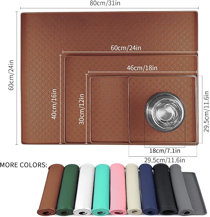 Ptlom Pet Placemat for Dog and Cat, Waterproof Silicone Pet Feeding Bowl Mats for Food and Water, Small Medium Large Dogs Mat Prevent Residues from Spilling to Floor, Brown, 31.5" 23.6"