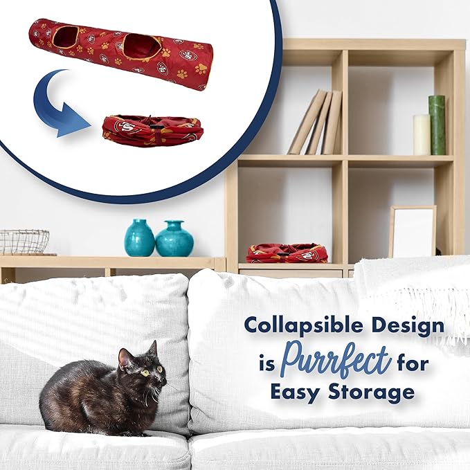 NFL San Francisco 49ers Cat Tunnel Tube Toy with Plush Football Catnip and Feathers Collapsible Tunnel for Cats to Play, Peek and Hide, Sporty & Fun Cat Tunnel Toy with Team Logo All-Over Design!