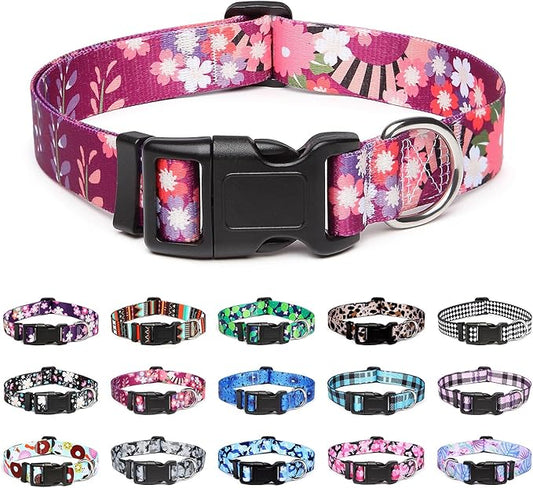 Mercano Adjustable Dog Collar - Special Design Patterns, Soft Nylon Comfortable Durable Pet Collar for Small Medium Large Dogs (L, Colorful Flower)