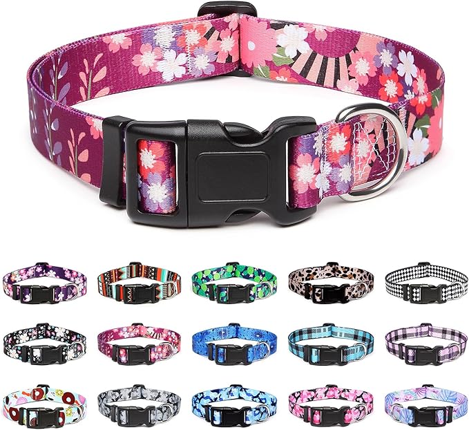 Mercano Adjustable Dog Collar - Special Design Patterns, Soft Nylon Comfortable Durable Pet Collar for Small Medium Large Dogs (M, Colorful Flower)