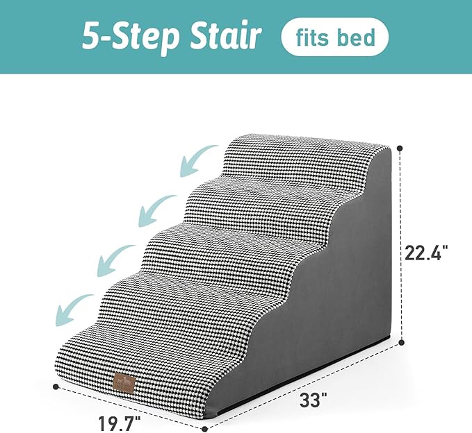 Extra Wide Dog Stairs 19.7" Width, Large Pet Step for Small Medium Dog, Puppy or Cat, Ramp for High Bed or Car, High Density Foam Ladder, Stable, 5 Step, 19.7x33x22.4 inch, White Black