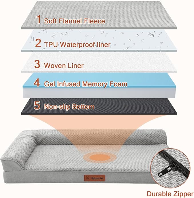 Orthopedic Dog Beds Large Sized Dog, 3 Inch Memory Foam Pet Bed for Medium and Large Dogs, Washable Removable Cover, Nonskid Bottom, Waterproof, 41x27 Inches XL Light Grey