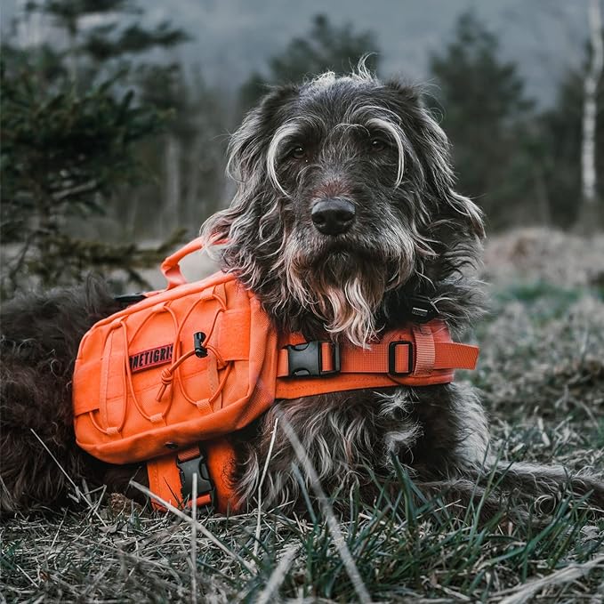 ONETIGRIS Dog Backpack for Medium & Large Dogs, Nylon Backpack for Dogs Tactical Pet Backpack with Side Pockets for Hiking Walking Training Running (Orange, Medium)