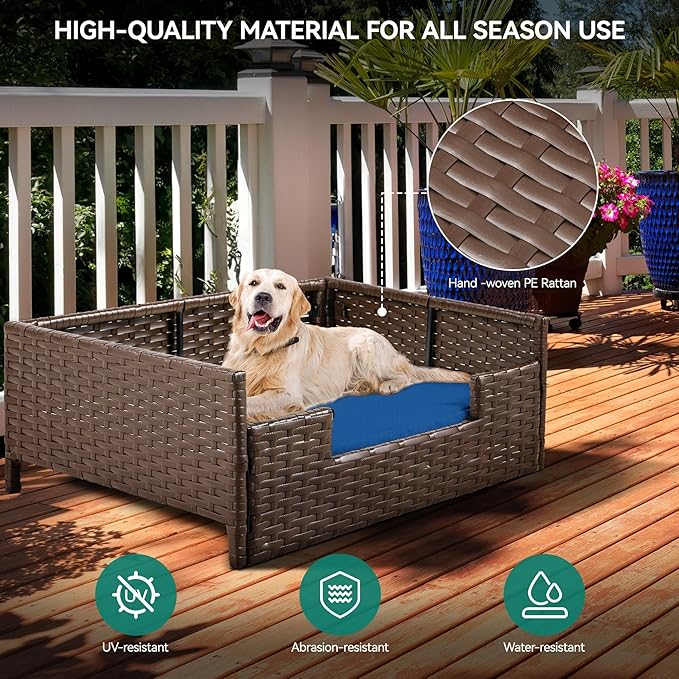 YITAHOME Rattan Dog Sofa Bed with Cushion, Wicker Pet Bed Sofa Couch Indoor Outdoor Waterproof for Large Medium Small Dogs Cats (38.6''L*26.4''W*15''H,Blue)