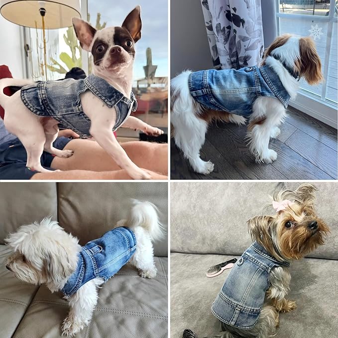 Puppy Clothes for Small Dogs Boy,Classic Western Denim Dog Coat,Dog Jeans Jacket with Leash D-Ring,Pet Cat Costumes,Cooling Harness Vest for Walking (Blue, X-Small)