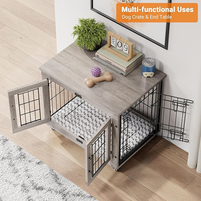 Lulive Small Dog Crate Furniture Set of 2, Dog Kennel Indoor Double Doors Wooden Dog Cage, 27'' Heavy Duty Dog Crate with Cushion & Wheels, End Table Pet House Chew-Resistant Up to 30 lb, Grey