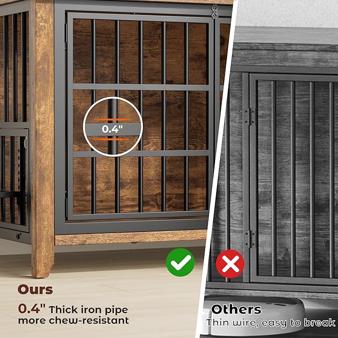 Lulive Wooden Dog Crate Furniture, Large Dog Kennel Indoor with 360°& Adjustable Raised Dog Bowls, Double Doors Furniture Dog Crates End Table for Large/Medium Dogs 37.8" L*23.6" W*27" H, Brown