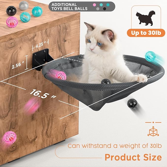 Cat Hammock Wall Mounted, Foldable & Stable Cat Beds- Breathable Cat Wall Shelves for Sleeping, Playing, Climbing, and Lounging - Maximum Hold Up to 30lb (Gray)