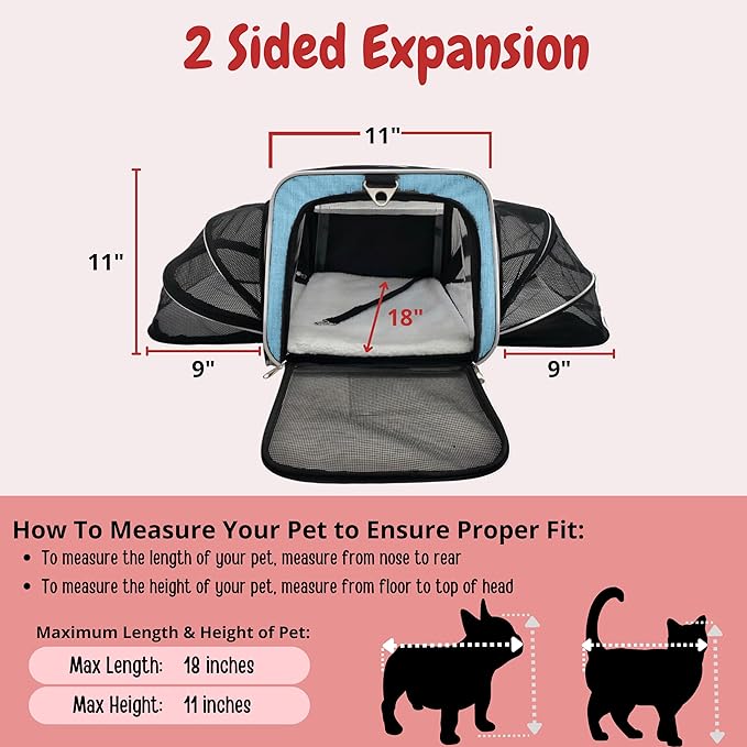 Airline Approved Expandable Premium Pet Carrier on Wheels- Two Sided Expandable Rolling Carrier- Designed for Dogs & Cats- Extra Spacious Soft Lined Carrier! - Light Blue