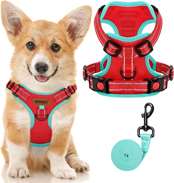 MIDOG No-Pull Dog Harness | Adjustable & Reflective Pet Harness Leash Set for Small Medium Large Dogs Walking, Training| No Choke, Front Clip, Soft Padded Vest with Easy Control Handle - Red, S