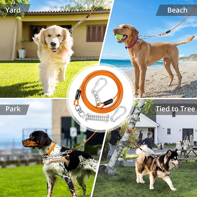 Jenico Dog Tie Out Cable, 10-150FT Runner Cable with Swivel Hook and Shock Spring, Yard & Camping Dog Leash Tether for Small to Medium Pets Up to 500 LBS