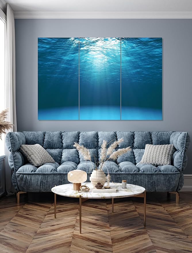 Nature Wall Art Prints - Ocean Forest Mountain Lake Canvas Landscapes - Small to Extra Large Living Room Bedroom Kitchen Bathroom Décor (Sun Rays Under Water, 47L" x 71W" - 3 panels)