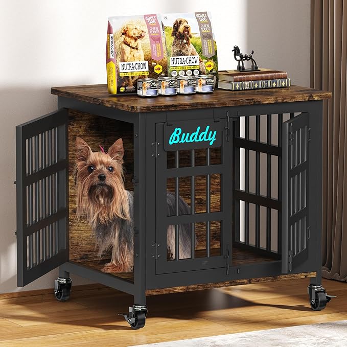 EasyCom Heavy Duty Dog Kennel Indoor with Name Tag, 27" Dog Crate Furniture for Small Dogs, Double-Doors Sturdy Metal Dog Cage for Anxiety Dog