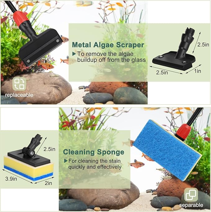 hygger Multi-Use Fish Tank Cleaner, 6 in 1 Aquarium Cleaning Tools Kit with 17.7 Inches Long Handle Algae Scraper Sponge Scrubber Firm Scrub Brush Fish Net Gravel Rake for Acrylic & Glass Tank