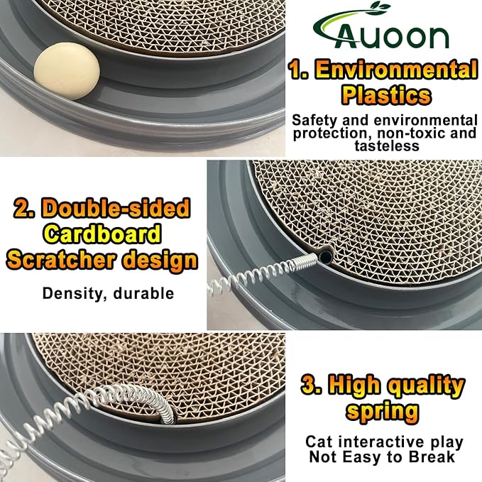 AUOON Cat Scratcher Toy - Cat Scratch Pad with Cat Toy Ball Track and Plush Mouse Toy for Indoor Cats and Kittens (Gray)