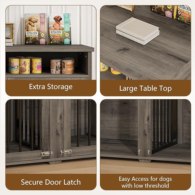 Furniture Dog Crate for 2 Dogs, 41 Inch Dog Kennel Furniture with Removable Divider and Shelf Storage, Wooden Dog Crate for Small/Medium Dogs, Grey