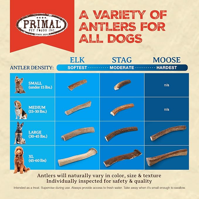 Primal Antlers for Dogs, Grade A Split Elk Antlers for Small Canines up to 15 lb, Natural Chews for Aggressive Chewers, Naturally Shed, Long Lasting Dog Bones, 1 ct