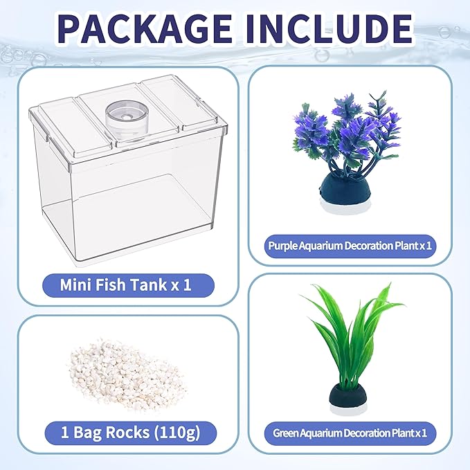 Mini Betta Fish Tank, Small Fish Bowl for Temporary Space, 0.2 Gallon Stackable Cube Tank with Artificial Plants and Gravels for Small Fish, Insect, Shrimp, Crab, Spider. (Pack-1)
