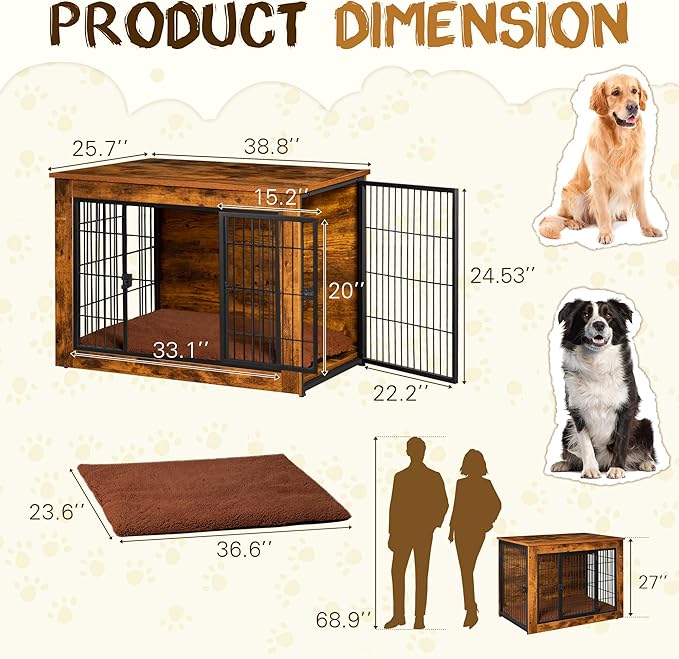 Bigrab Dog Crate Furniture with Thick Cushion, Side End Table Wooden Dog Cage with Double Doors, Chew-Resistant Dog Kennel Dog House Indoor for Small to Large Dog, L