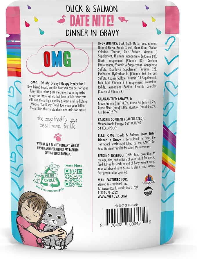 Weruva B.F.F. OMG - Best Feline Friend Oh My Gravy!, Date Nite! with Duck & Salmon in Gravy Cat Food, 2.8oz Pouch (Pack of 12)