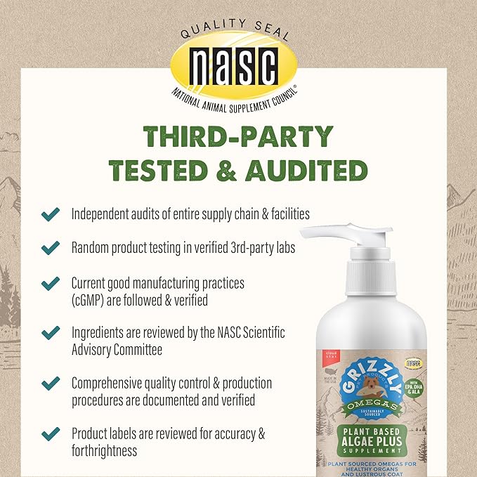 Grizzly Pet Products Algal Plus Omega 3-6-9 Food Supplement for Dogs and Cats, 8 Ounce Bottle