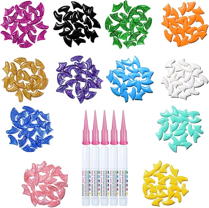 10x Colors / 100 pcs Cat Nail Caps | Cat Claw Covers with Adhesives and Applicators | Alpha (M)