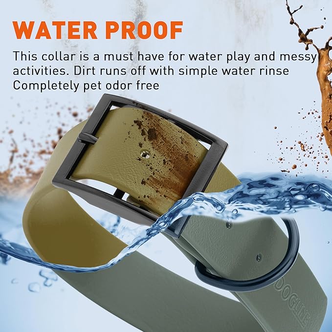 Dogline Biothane Waterproof Dog Collar Strong Coated Nylon Webbing with Black Hardware Odor- Proof for Easy Care Easy to Clean High Performance Fits Small Medium or Large Dogs, Olive Drab Green