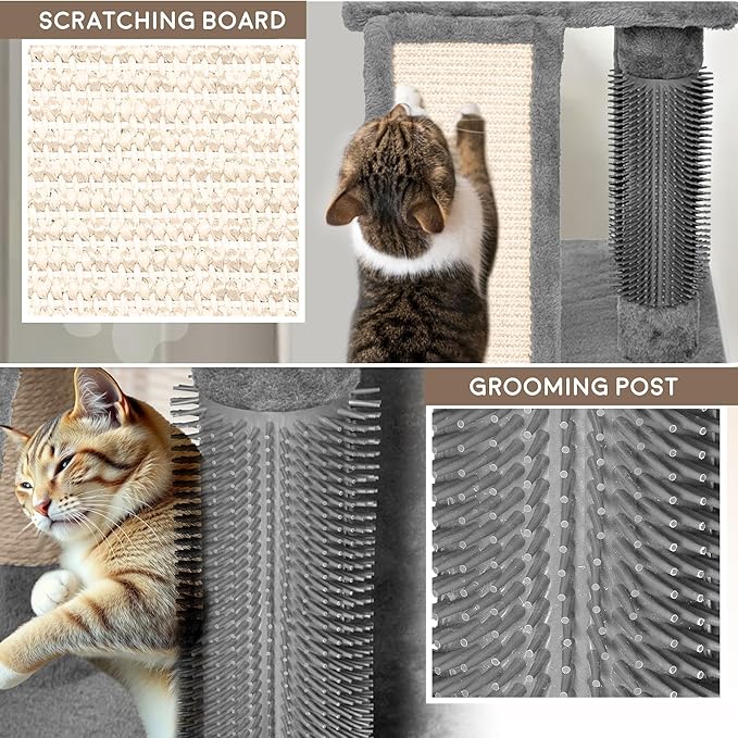 Large Cat Tree Tower for Large Cats, Cat Scratching Post, Self Grooming Post, Interactive Cat Toys, Oversized Perch and Basket, Heavy Duty 72", Light Grey